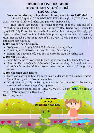 Thông báo về kế hoạch cho trẻ nghỉ học do ảnh hưởng của cơn bão số 3(Wipha)