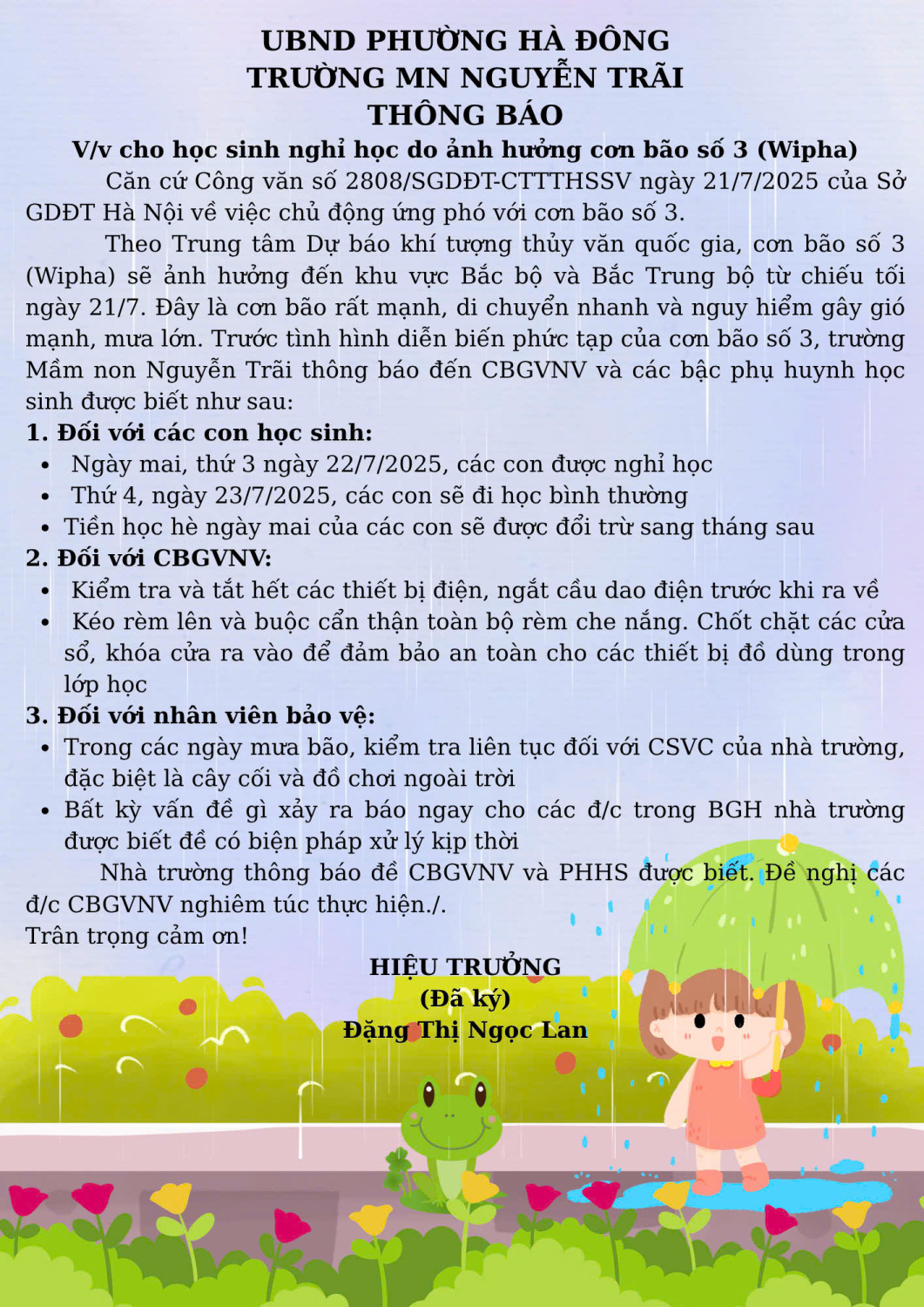Thông báo về kế hoạch cho trẻ nghỉ học do ảnh hưởng của cơn bão số 3(Wipha)